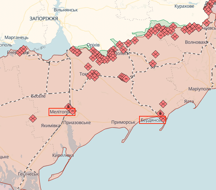 Бердянск, Бердянск карта, Мелитополь, Мелитополь карта, карта боевых действий