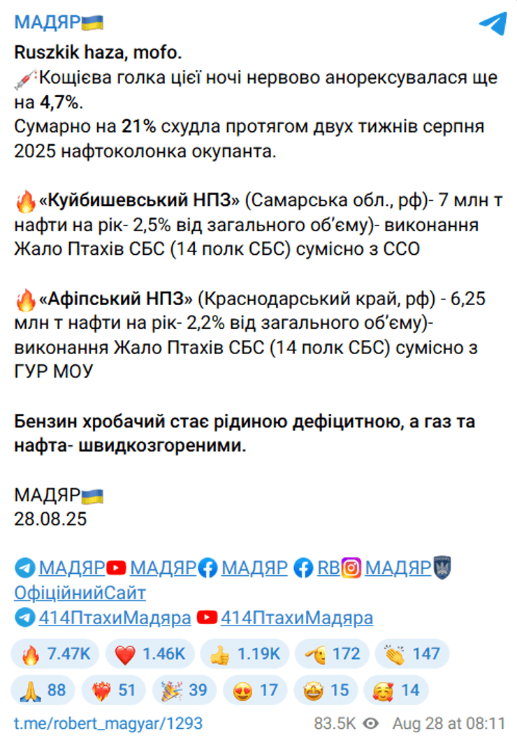 Мадьяр об ударах по НПЗ в РФ