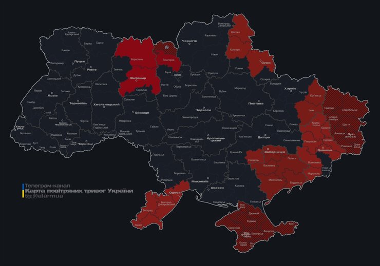 Карта повітряної тривоги ввечері 22 грудня о 22:50