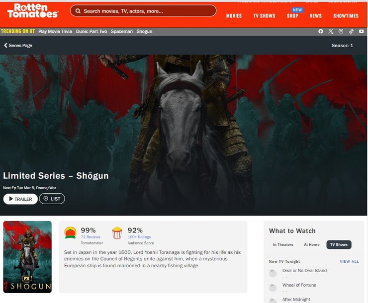 Сегун, Rotten Tomatoes, рейтинг