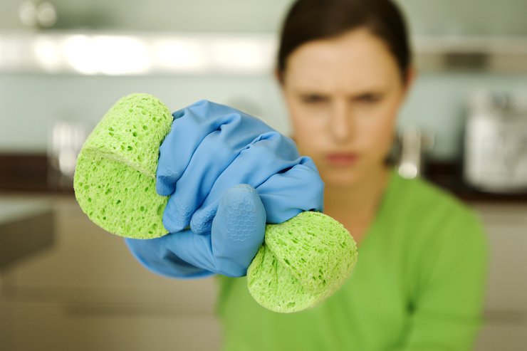 кухонная губка, перчатки, женщина, кухня, фото