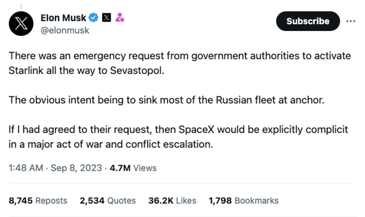 Пост Ілона Маска про відключення Starlink в Україні