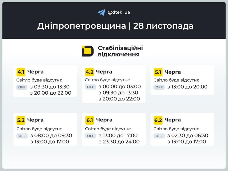 Графіки відключень електроенергії у Дніпропетровській області на 28 листопада