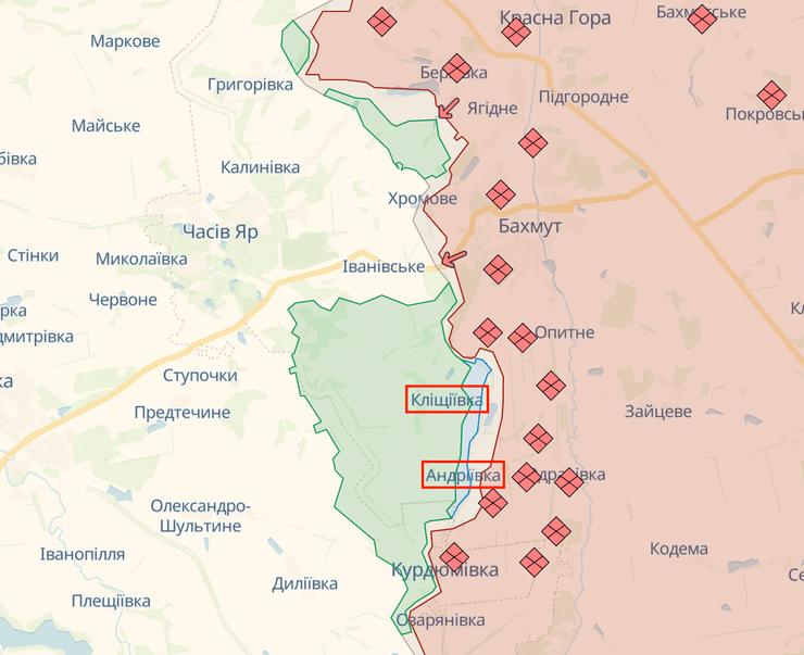 Клещиевка, Андреевка, бои за Бахмут, битва за Бахмут, Бахмутское направление, карта боевых действий