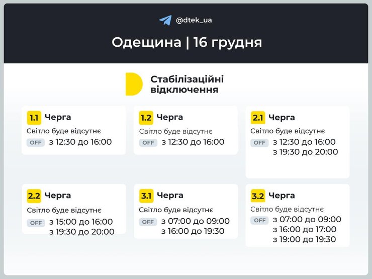 графики отключены света, отключение света, 16 декабря, веерные отключения, отключение электроэнергии, Одесская область