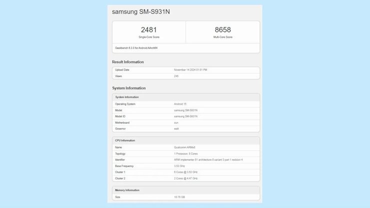 Согласно результатам Geekbench, Galaxy S24 имеет одноядерный балл 2481 и многоядерный балл 8658