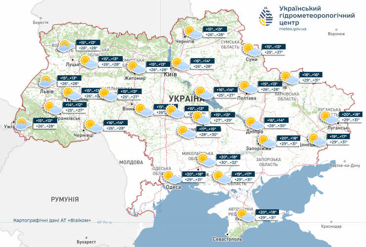 Прогноз погоди на 2 серпня від Укргідрометцентру на карті