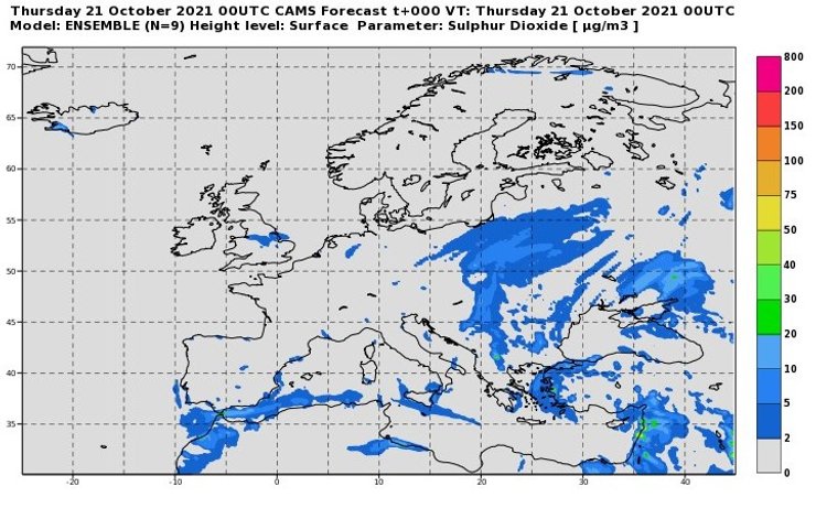 Карта просторового розподілу SO2 над Європою станом на 2 годину ночі 21 жовтня