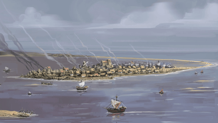 Художественная реконструкция средневекового портового города на острове, ставшего пристанищем пиратов