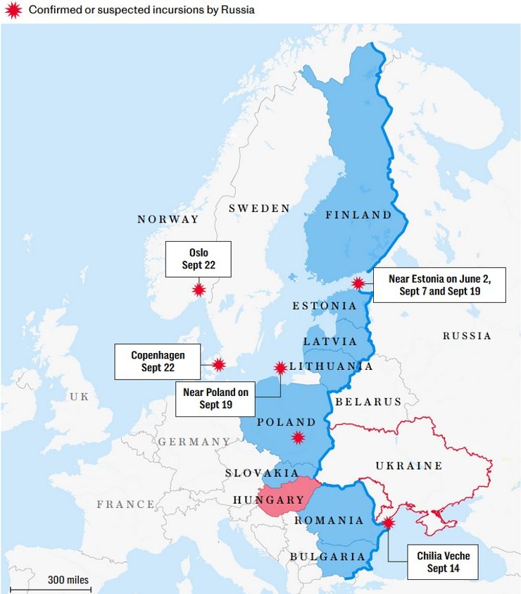 Карта инцидентов с дронами и самолетами РФ в сентябре 2025 года