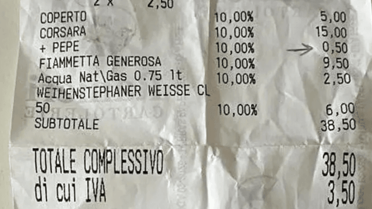 Чек в заведении в Италии