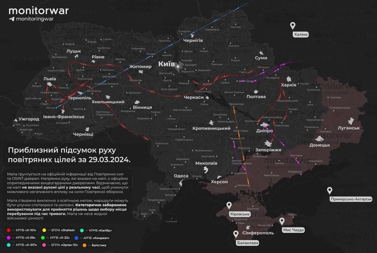 Обстрел 29 марта, траектория, ракеты и дроны ВС РФ