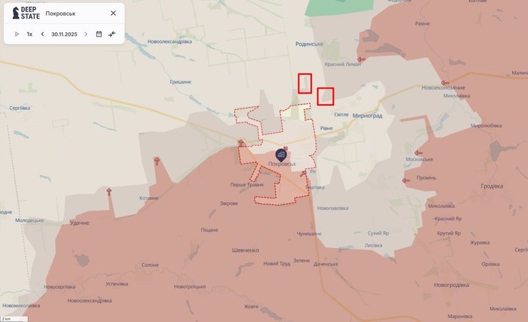 Карта линии фронта в Покровске и Мирнограде, 30 ноября, карта DeepState