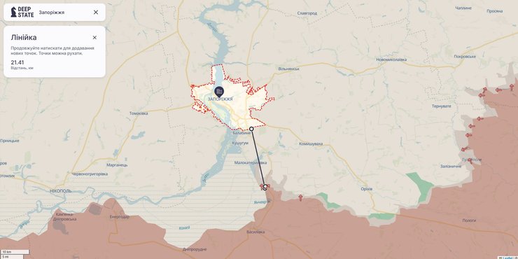 Карта линии фронта под Запорожьем по состоянию на 28 декабря, DeepState
