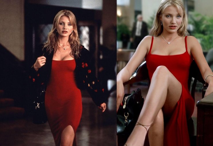 камерон діас, червона сукня, маска