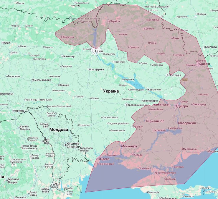 карта действий реактивных "Шахедов" приблизительная карта зоны поражения реактивных "Шахедов" с онлайн-управлением