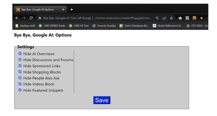 Bye Bye, Google AI, расширение, скриншот