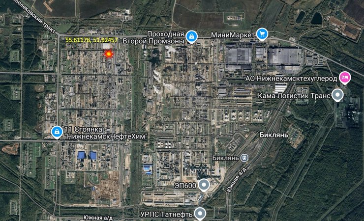 Карта з оновленими координатами займання на "Нижнекамскнефтехим" 31 березня