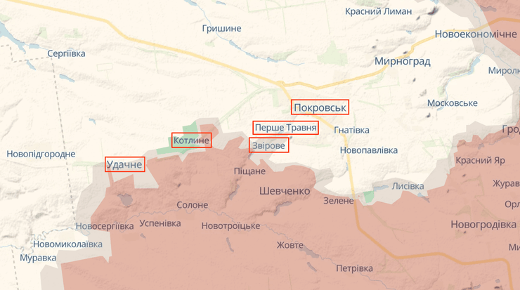 Ділянки наступу ЗС РФ на Покровському напрямку на карті бойових дій