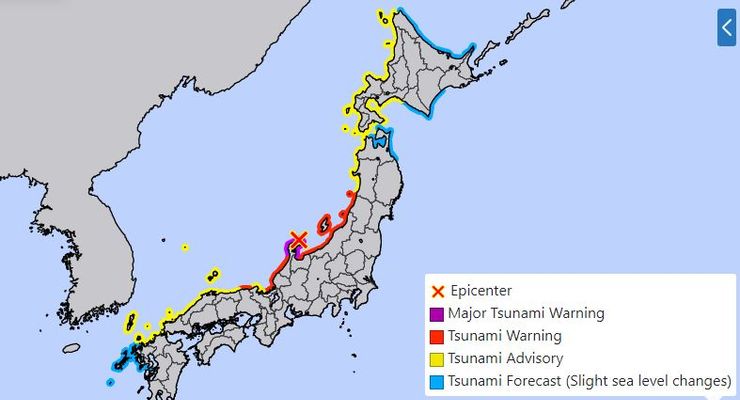 землетрясение в Японии, предупредение о цунами, стихийные бедствия