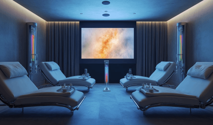 Комната с креслами и большим экраном внутри роскошного бункера, рассчитанного на комфортную изоляцию