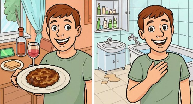 Чоловік у зеленій футболці тримає тарілку з їжею на кухні