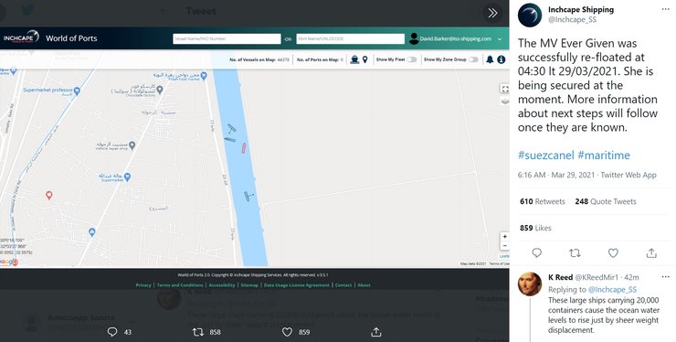Inchcape Shipping, карта, Ever Given, Суэцкий канал