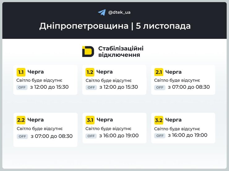 Знеструмлення 5 листопада на Дніпропетровщині