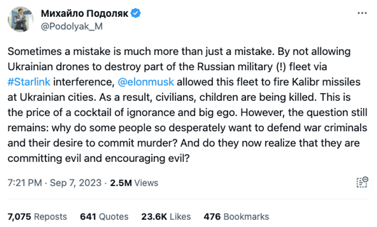 Пост Подоляка про відключення Starlink в Україні Ілоном Маском