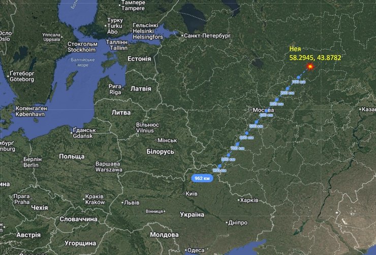 Карта відстані від 100 арсеналу ГРАУ у Неї до України