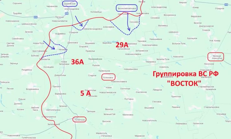 Фрагмент карти активізації ЗСУ під Гуляйполем, 9 лютого