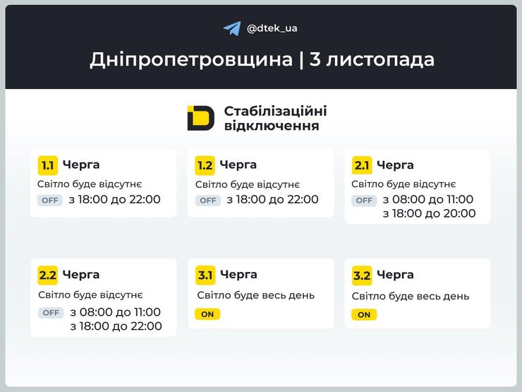 Графики отключений света в Днепропетровской области на 3 ноября Графики отключений света в Днепропетровской области на 3 ноября