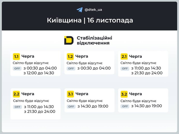 Графіки відключень світла на 16 листопада в Київській області