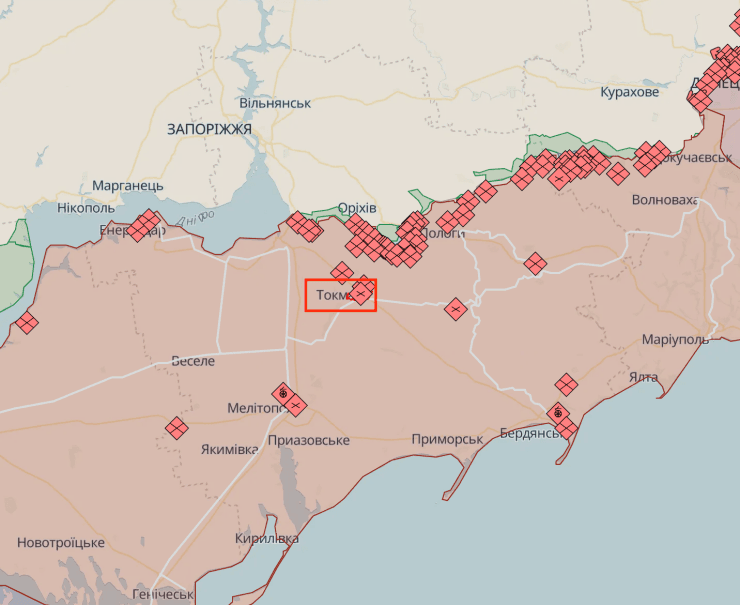 Місто Токмак на карті бойових дій