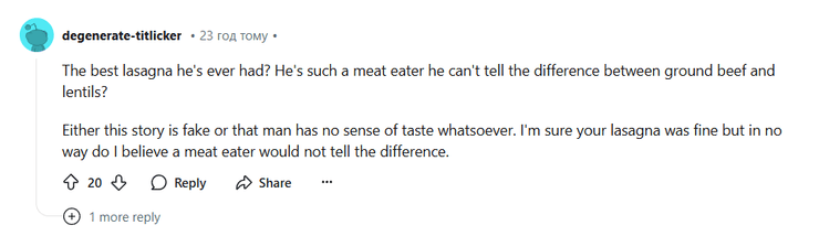 комментарий на реддит, Reddit, веганская лазанья, веганское блюдо, сообщение об ужине