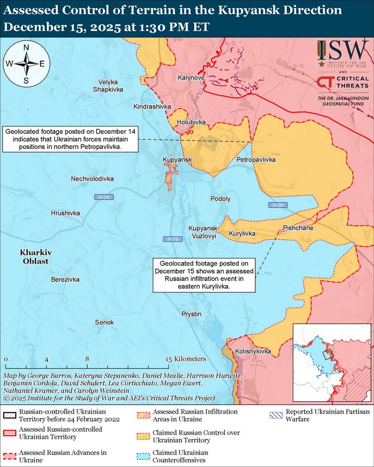 Карта боїв в Куп'янську станом на 15 грудня, ISW