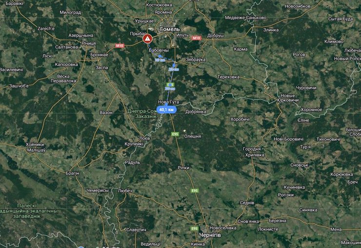 Гомель, КПП Нова Гута, Чернігів, карта, відстань