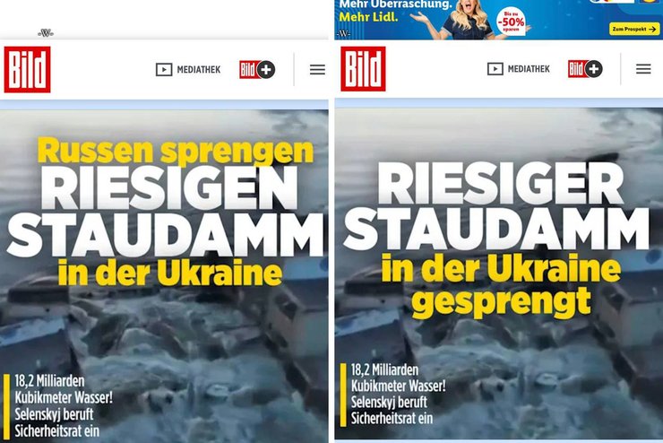 Bild изменило заголовок новости про подрыв Каховской ГЭС
