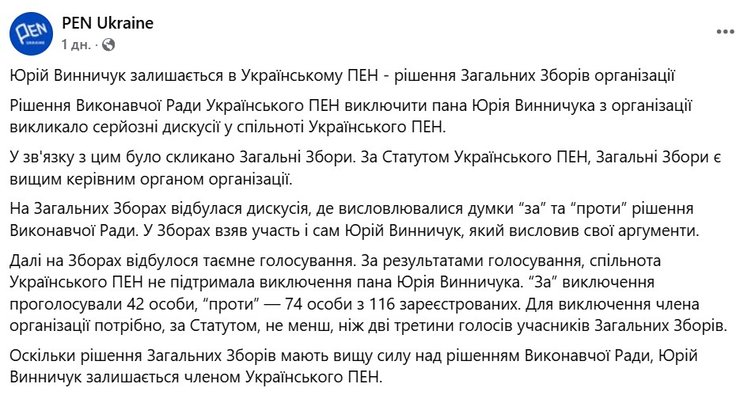 Скандал з Винничуком, ПЕН-Україна, голосування Винничук