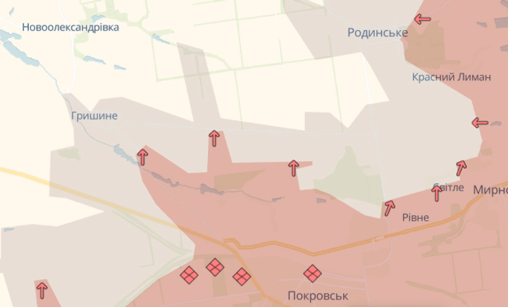 Карта фронту близь Покровську від DeepState