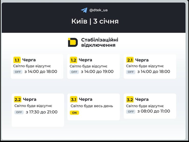 киев графики отключений 3 января 2026 года