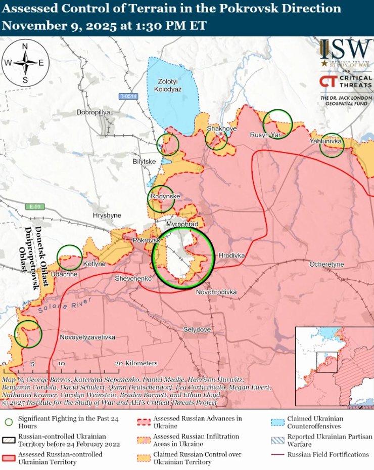 Карта ISW Покровско-Мирноградская агломерация по состоянию на 9 ноября