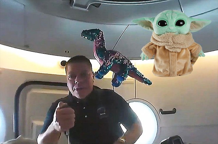 Малюк Йода, космос, Crew Dragon, плюшевий динозавр, іграшки, МКС, Мандалорец
