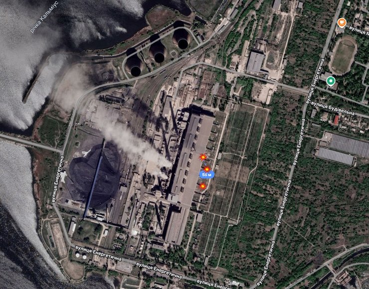 Карта з точками прильотів по Старобишівській ТЕС на Донбасі 18 листопада