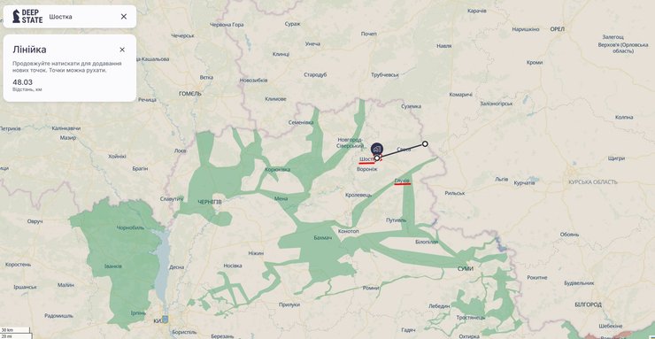 Удар ракет ЗС РФ, Шостка, Сумська область, карта