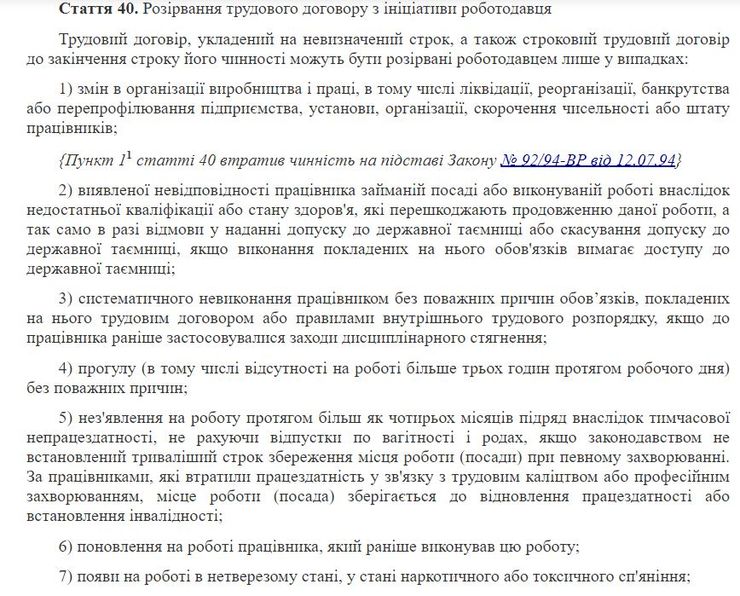 статья 40 Кодекса законов о труде Украины
