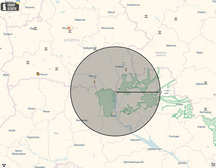 Радіус ураження ракети 48Н6 з території Білорусі
