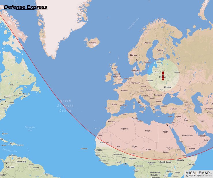 Карта с дальностью ракеты Орешник