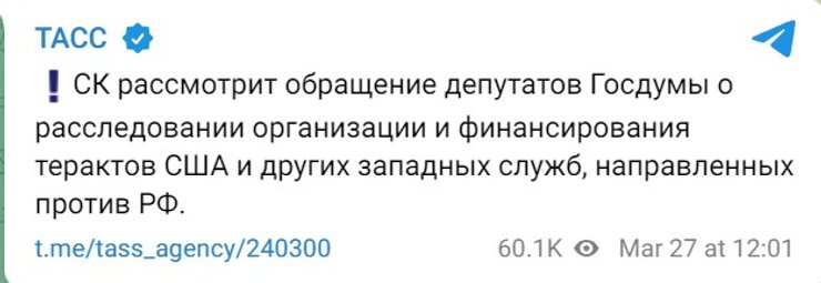 Теракт в Крокусе, Госдума, обвинения Украины, Следственный комитет РФ
