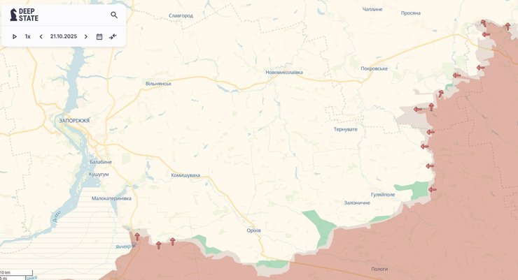 Карта боев на линии Запорожье-Гуляйполе 21 октября